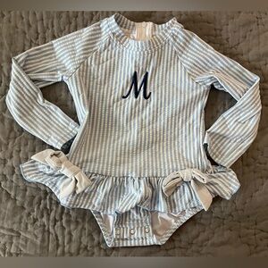 Classic Whimsy M Blue White Stripe One-Piece Swimsuit Skirted 18-24m Long Sleeve